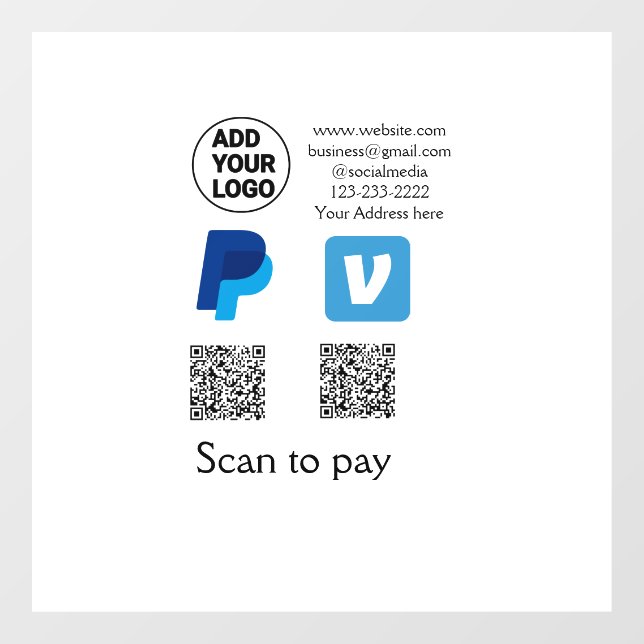 Venmo paypal scan to pay add q r code logo text na window cling (Sheet)