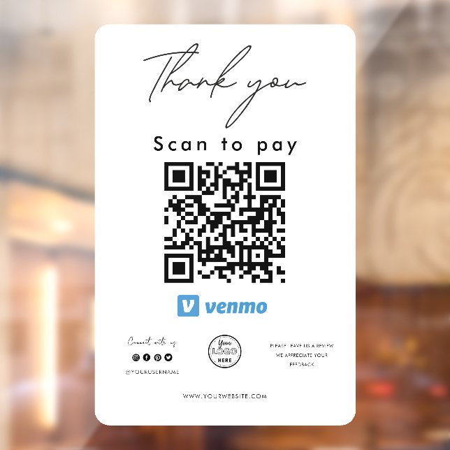 Venmo QR Code Logo Scan to Pay Thank you Window Cling (Sheet 2)