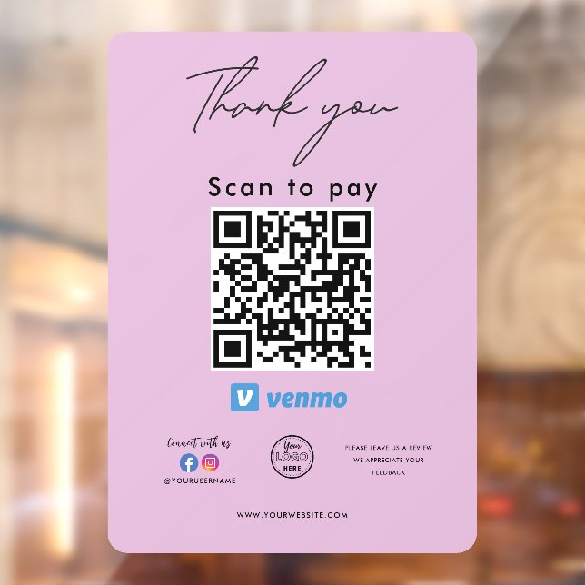 Venmo QR Code Logo Thank you Scan to Pay Window Cling (Sheet 2)