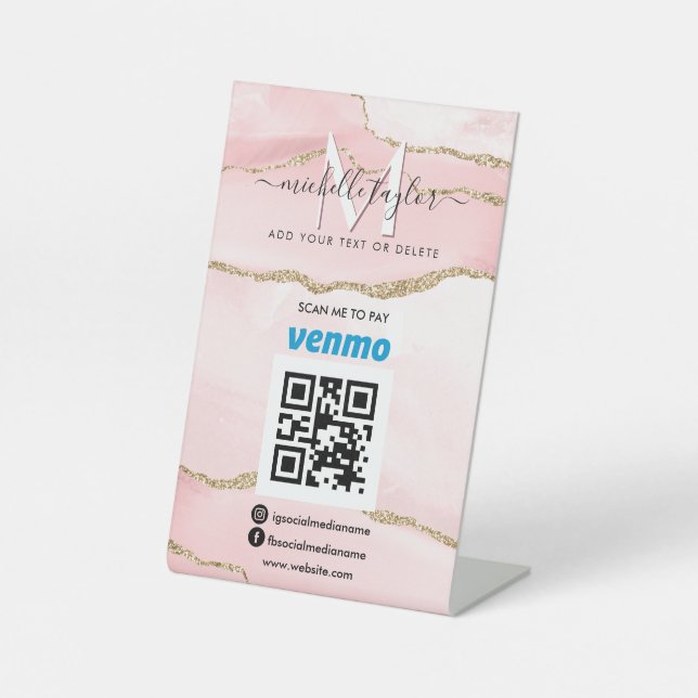 Venmo QR code Modern Scan to Pay  Monogram Blush Pedestal Sign (Front)
