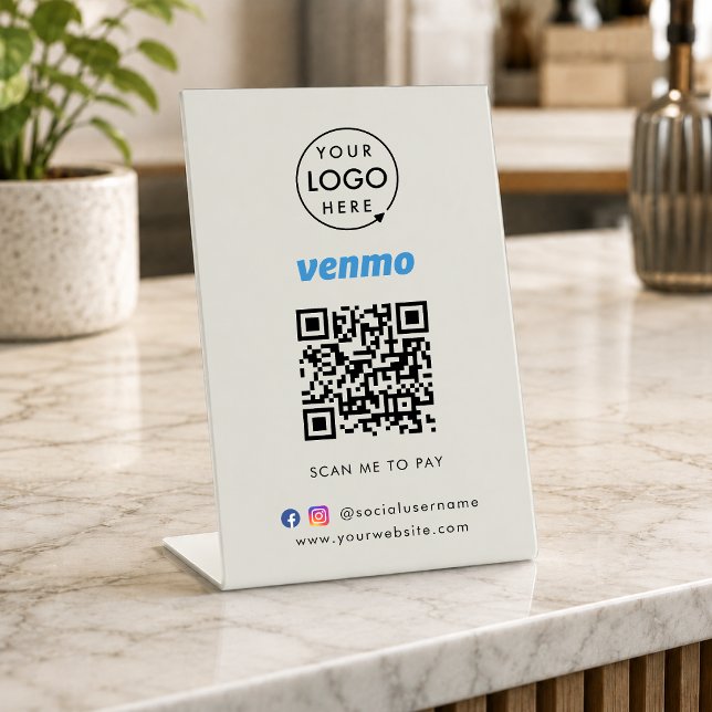 Venmo QR Code Payment | Scan to Pay Business Grey Pedestal Sign (Interactive "scan to pay” QR code cash wrap table signage for collecting digital payment by Venmo.)