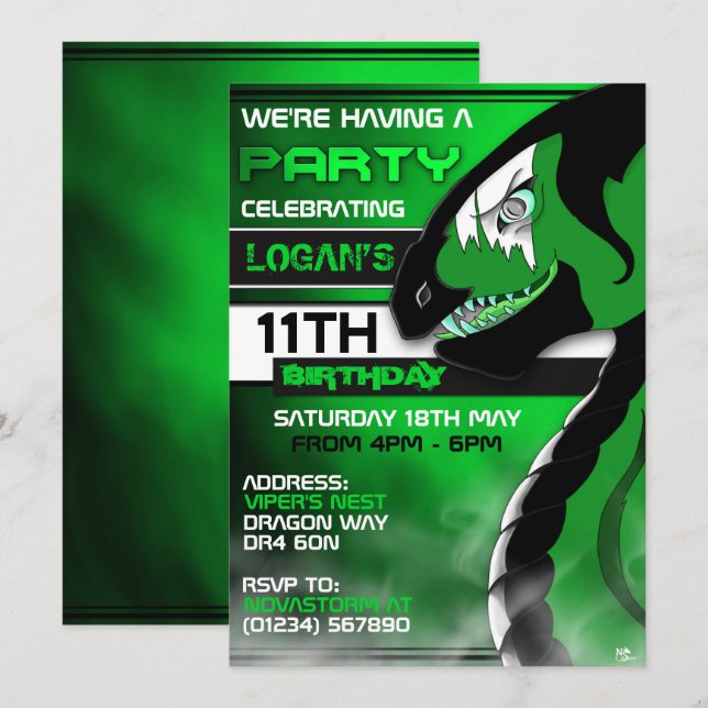 Venomous Dragon Birthday invitations (Front/Back)