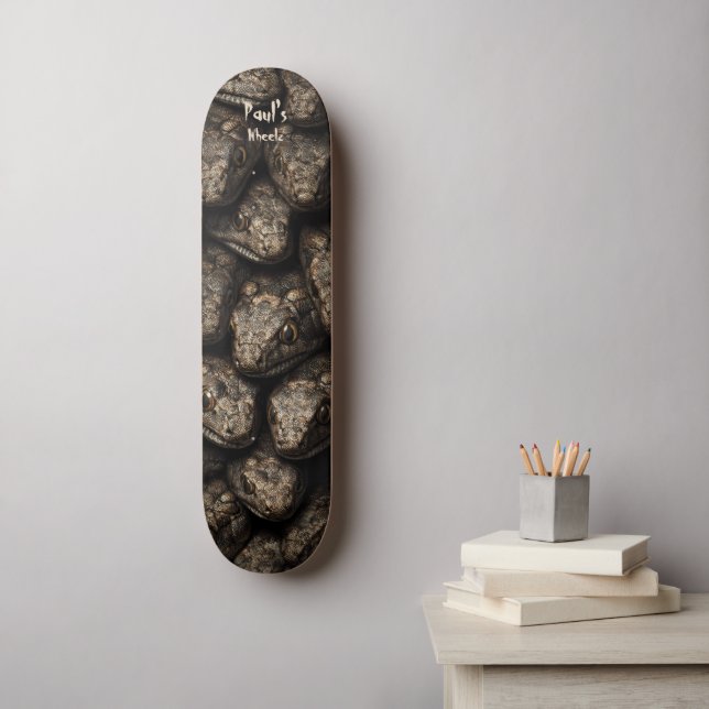 Venomous snake heads in gold & black dark skateboard (Wall Art)