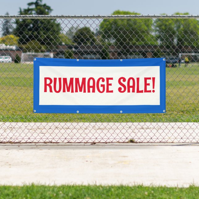 Vente de rummage ! Bannière rouge blanc et bleu (En situation)
