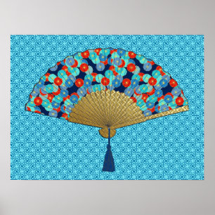 Ventilateur déco - Fleurs en Cobalt, Turquoise et 