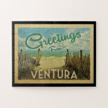 Ventura Beach Vintage Travel Jigsaw Puzzle<br><div class="desc">This Greetings From Ventura vintage postcard design features a sandy beach with a beautiful turquoise ocean water and above the sea,  a blue sky with billowy white clouds. In vintage travels style.</div>