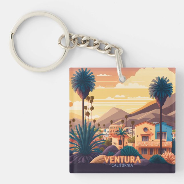 Ventura Sunset Mountains Southern California Retro Keychain (Front)
