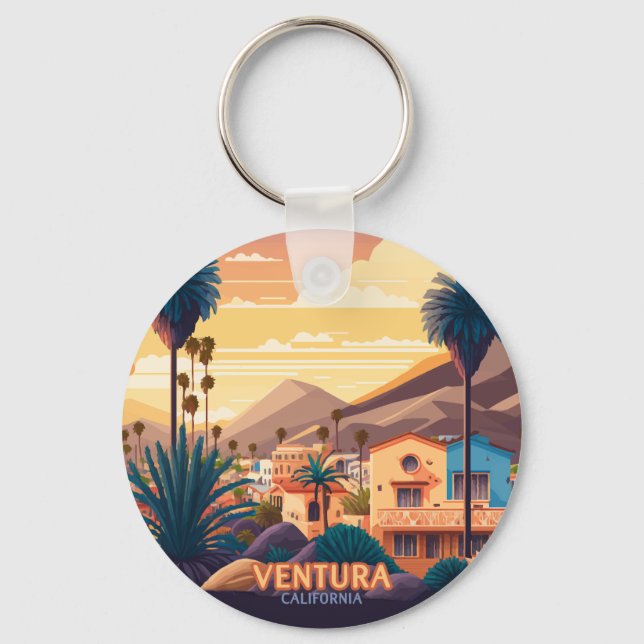Ventura Sunset Mountains Southern California Retro Keychain (Front)
