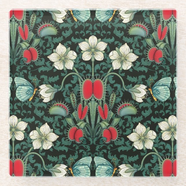 Venus Flytrap and Blue Butterfly Glass Coaster (Front)