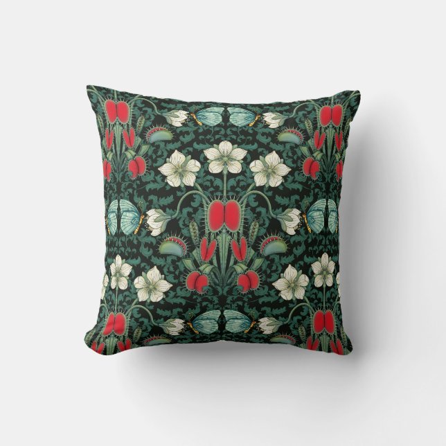Venus Flytrap and Blue Butterfly Throw Pillow (Front)