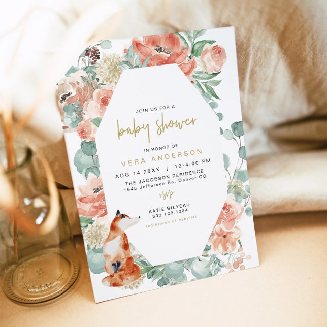VERA Greenery & Terracotta Floral Fox Baby Shower  Invitation (Creator Uploaded)