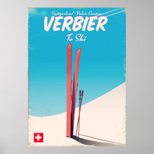Verbier, affiche vintage Suisse de voyage en ski.