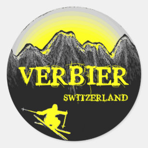Verbier Suisse jaune skieur montagnes autocollant
