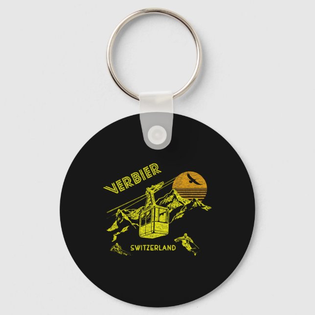 Verbier Switzerland Retro Skiing Tee  Keychain (Front)