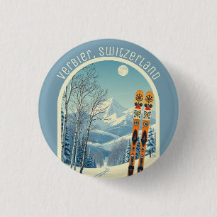 Verbier Switzerland Schweiz 4 Vallées ski Ornament 1 Inch Round Button