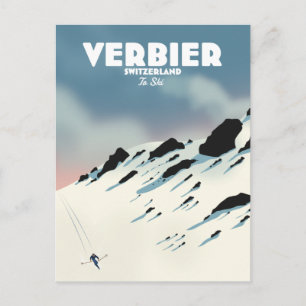 Verbier Switzerland ski travel poster art print. Postcard