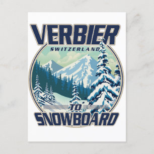 Verbier Switzerland Snowboard Travel logo Invitation Postcard