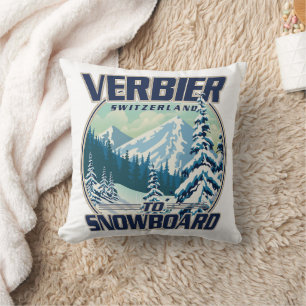 Verbier Switzerland Snowboard Travel logo Throw Pillow