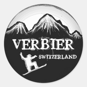 Verbier Switzerland white black snowboard stickers