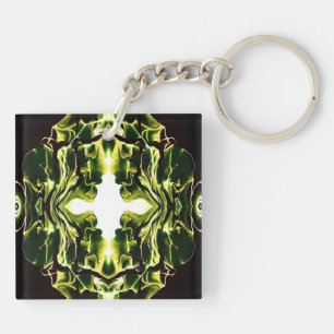 Verdant Abstract Green Gold Black White Fluid Art Keychain