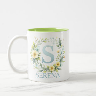 Verdant Charm - Personalize letter S - Custom Name Two-Tone Coffee Mug