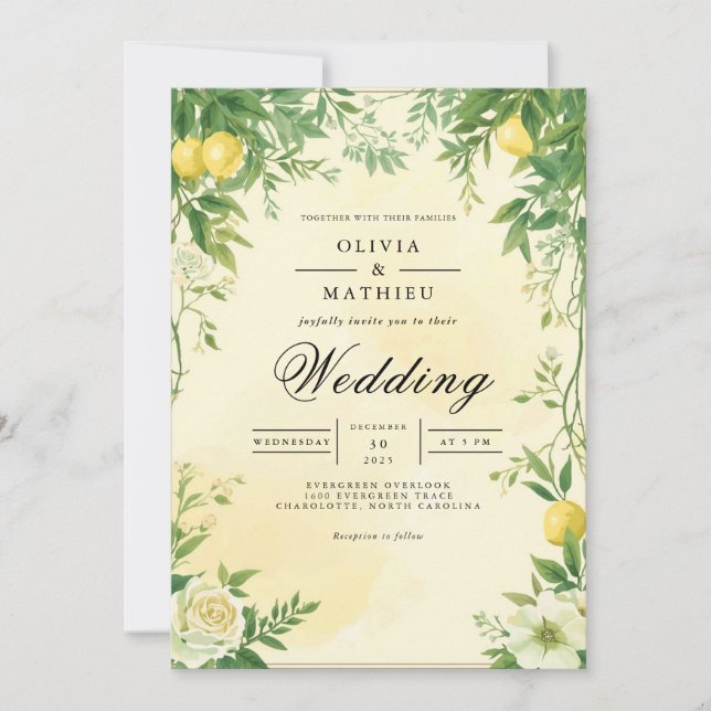 Verdant Citrus Flourish Wedding Invitation (Front)