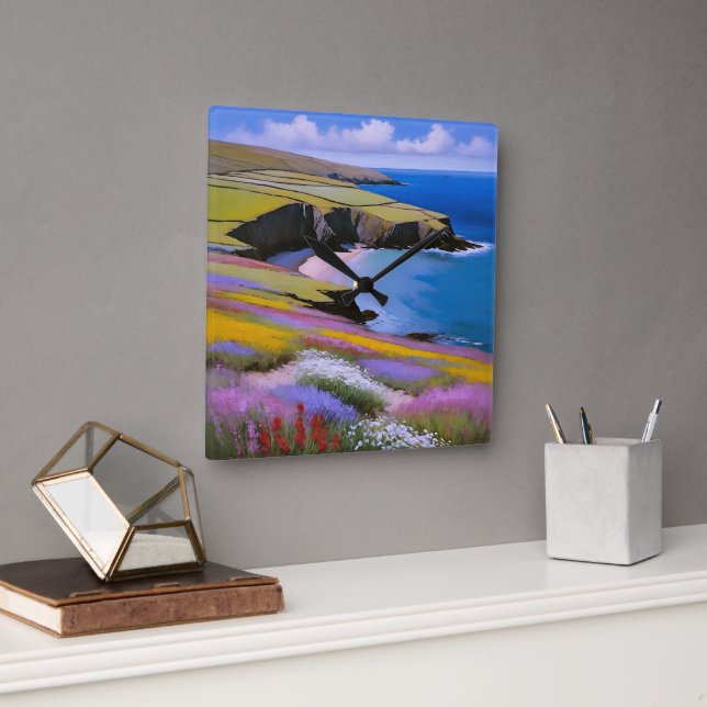 Verdant Cliffs and Azure Waves Square Wall Clock (Office)