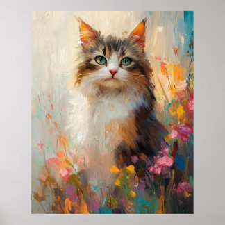 Verdant-Eyed Maine Coon in Spring Flowers Poster
