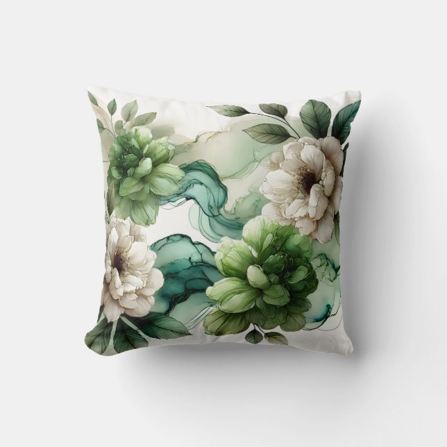 "Verdant Serenity: Abstract Green Floral Art" Throw Pillow (Front)