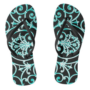 Verdigris and black scrollwork pattern flip flops