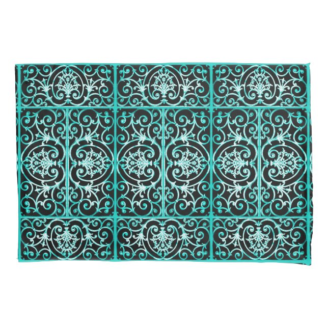 Verdigris and black scrollwork pattern pillowcase (Front)