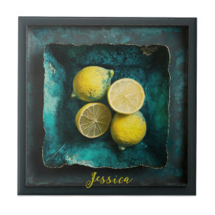 Verdigris and Lemons on a Square Plate    Tile