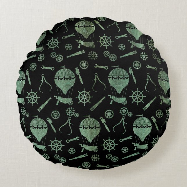 Verdigris Bronze Steampunk Balloon Theme Round Pillow (Front)