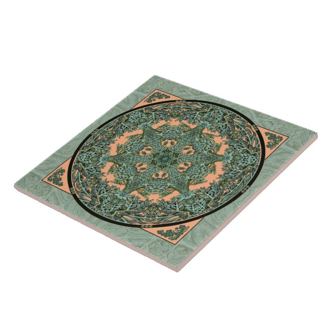 Verdigris Leaf Mandala Ceramic Tile (Side)