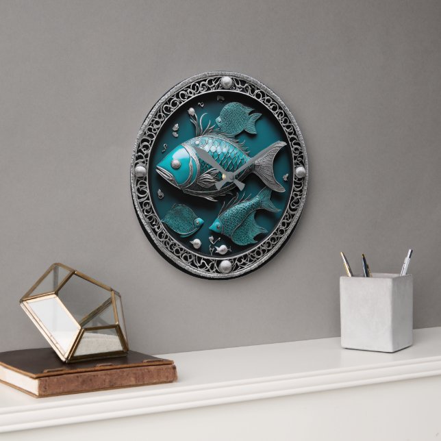 Verdigris Pisces Sculptured Art Large Clock (Office)