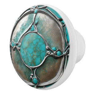 Verdigris Turquoise & Silver Art Deco  Ceramic Knob