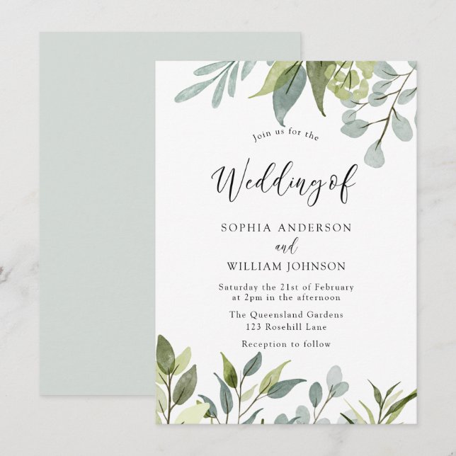 Verdure Aquarelle Feuille Faire-part de mariage (Devant / Derrière)