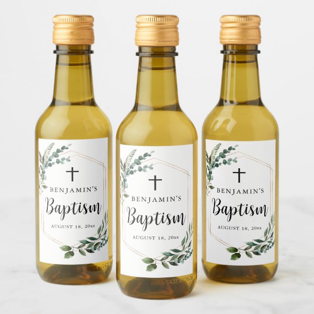Verdure Feuillage Or Croix Baptême Étiquette de vi (Bouteilles)