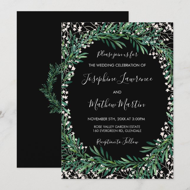 Verdure & Florets Black Wedding Invitations (Devant / Derrière)