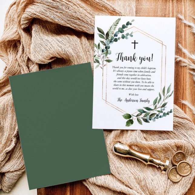 Verdure Fond Or Croix Baptême Carte de remerciemen (Créateur téléchargé)