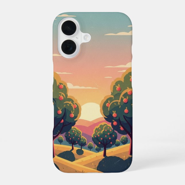 Verger au Coucher de Soleil Rétro iPhone 16 Case (Back)