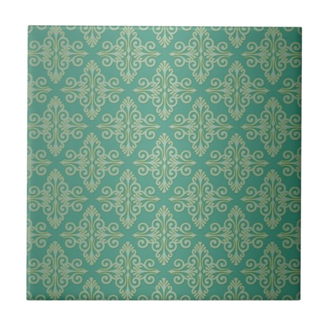 Veridian Green Damask Pattern Tile (Front)