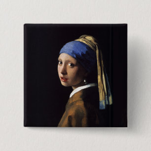 Vermeer Girl Pearl Earring Masterpiece Painting 2 Inch Square Button