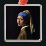 Vermeer Girl Pearl Earring Masterpiece Painting Metal Ornament<br><div class="desc">Johannes Vermeer masterpiece painting "Girl with a Pearl Earring" Vermeer's classic painting Girl with a Pearl Earring is the most famous painting created by Dutch painter Johannes Vermeer. The Girl with a Pearl earring is a masterpiece created in 1665 and hangs in the Hague. In the Vermeer masterwork "Girl with...</div>