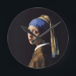 Vermeer Girl Pearl Earring Masterpiece Painting Round Clock<br><div class="desc">Johannes Vermeer masterpiece painting "Girl with a Pearl Earring" Vermeer's classic painting Girl with a Pearl Earring is the most famous painting created by Dutch painter Johannes Vermeer. The Girl with a Pearl earring is a masterpiece created in 1665 and hangs in the Hague. In the Vermeer masterwork "Girl with...</div>