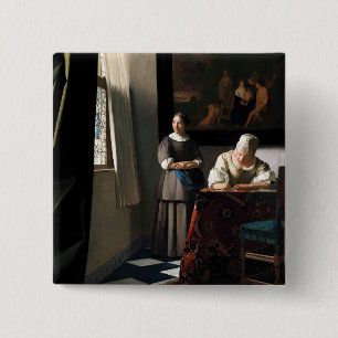 Vermeer - Lady Writing a Letter with her Maid 2 Inch Square Button