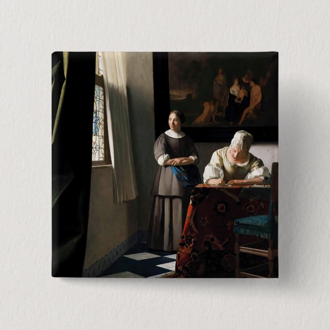 Vermeer - Lady Writing a Letter with her Maid 2 Inch Square Button (Front)