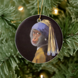 Vermeer Pearl Earring Monkey Chimp Ceramic Ornament