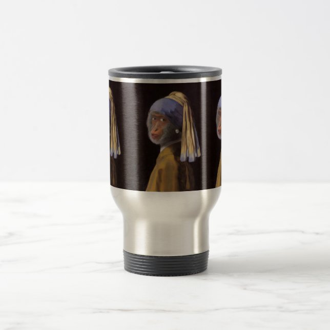 Vermeer Pearl Earring Monkey Chimp Travel Mug (Center)