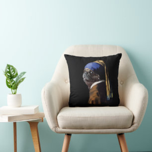 Vermeer Spoof Pug  Dog With A Pearl Earring Accent Throw Pillow